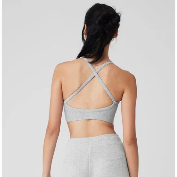 Alo Yoga Seamless Ribbed V-Neck Low Back Sports Bra Athletic Heather Grey XS - Picture 4 of 7
